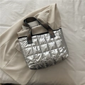 Chic silver quilted tote bag with geometric pattern straps and metallic finish - Silver