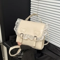 Chic beige lace-trimmed crossbody bag with sweet ribbon details and vintage metal buckle - White Without Pendant