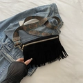 Black tassel crossbody bag with vintage geometric printed wide strap and gold hardware - Black