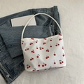 Cute white canvas tote bag with red cherry print and slender white handles - White