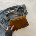 Brown bohemian fringe crossbody bag with ethnic patterned strap in a suede finish - Brown