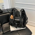 Minimalist black tote bag with white contrast stitching and cute brown bear pendant - With Pendant / Black