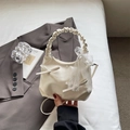 Cream bow shoulder bag with ruched handle and lace ribbon detail for women - White With Silk Scarf