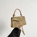 Retro khaki textured flap square bag with knotted handle and gold metal buckle detail - Khaki