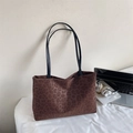 Minimalist leopard print tote bag in dark brown suede fabric for daily casual fashion - No Pendant / Brown
