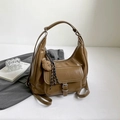 Retro tan faux leather tote bag with bear charm and metallic buckle front pocket - With Pendant / Brown