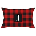 Buffalo plaid lumbar pillow cover with white letter J print on red and black checks - Letter J Style (YZ022-10)