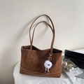 Brown leopard print large tote bag with shoulder straps and plush charm for daily commute - With Pendant / Brown