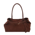 Brown corduroy tote bag with leather straps and gold buckle detail on white background - Coffee