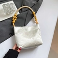 New Chinese style butterfly embroidery handbag with silk satin finish and wooden bead strap - Screen Style Beige