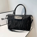 Black large capacity travel tote bag with crinkle texture and detachable shoulder strap - Black