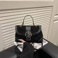 Vintage Handtasche in Schwarz mit großer goldener Schnalle und weißen Kontrastnähten - Schwarz