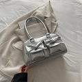 Silver metallic ballet-style shoulder bag with cute bow knots and large capacity - Silver