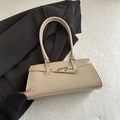 Minimalist beige faux leather underarm tote bag with silver buckle and shoulder straps - Khaki