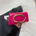 Chic rose red patent leather clutch bag with a golden oval metal clasp and chain strap - Rose Red