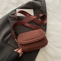 Brown suede saddle bag featuring U-shaped stitching and wide nylon shoulder strap - Brown Suede
