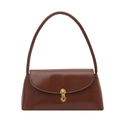 Brown retro leather baguette underarm bag with a gold metal U-shaped lock on white background - Tan