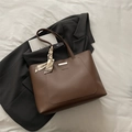 Brown leather large capacity tote bag with decorative silk scarf for stylish commuting - Brown