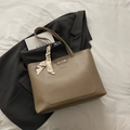 Khaki large capacity leather tote bag with silk scarf decoration and metal bar - Khaki