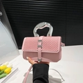 Pink woven patchwork crossbody bag with artistic silver metallic handle for women - Pink
