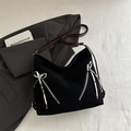 Large capacity black canvas hobo bag with dark brown strap and silver bow zipper detail - Black