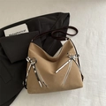 Khaki large capacity canvas tote bag with elegant polka dot ribbon and brown shoulder straps - Khaki