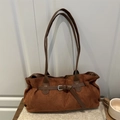 Borsa tote retrò in pelle scamosciata marrone scuro con cinturino e fibbia argentata - Stile di base / Marrone