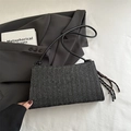 Minimalist black woven underarm bag with chic herringbone texture and leather strap - Black (With Charm)