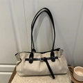 Grande borsa tote in pelle scamosciata beige con fibbie in pelle nera e manici - Stile di base / Cachi