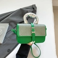 Green leather and herringbone fabric crossbody bag with silver liquid metal handle - Green