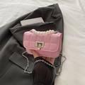 Pink quilted mini crossbody bag with pearl handle and silver chain strap for women - Light Pink