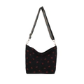 Black corduroy strawberry print crossbody bag with retro jacquard strap and metal hooks - Black