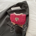 Fuchsia quilted handbag with elegant pearl handle and silver chain strap for women - Rose Pink