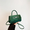 Dark green crocodile texture handbag featuring a silver rhinestone bow buckle accent - Green