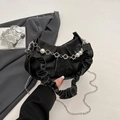 Black ruched shoulder bag with pearl floral chain and metallic strap for women - Black