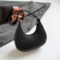 Black crescent hobo bag with lychee texture and gold metal buckle detail - Black
