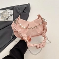 Pink ruched cloud bag with decorative pearl floral chain and versatile shoulder straps - Pink