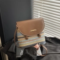 Rainbow woven crossbody bag with brown leather flap and stylish metal lettering - Brown