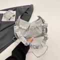 Silver pleated cloud bag with pearl chain and detachable metal strap for women - Silver