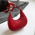 Red litchi-grain leather hobo bag with golden hardware and adjustable strap - Red
