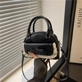 Vintage style black PU leather handbag with white lace trim and bowknot for women - Black