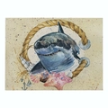 Linen placemat featuring a watercolor great white shark and nautical shell pattern - 32x21cm / Watercolor Great White Shark with Rope (CD015-33)