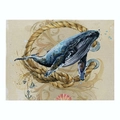 Nautical cotton linen placemat with blue whale watercolor print and anchor details - 32x21cm / Watercolor Humpback Whale with Rope (CD015-34)