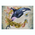Linen placemat featuring a watercolor orca illustration with shells and nautical elements - 32x21cm / Watercolor Orca and Sea Elements (CD015-31)