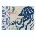 Coastal style cotton linen placemat featuring a large blue jellyfish and red seahorse - 32x21cm / Vintage Jellyfish and Seahorse Logo (CD015-16)