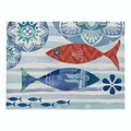 Linen placemat featuring red and blue fish print on light blue striped ocean background - 32x21cm / Red Sea Fish (CD015-13)
