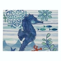 Linen placemat with seahorse print in blue ocean theme with nautical patterns - 32x21cm / Deep Blue Seahorse and Water Ripple (CD015-14)