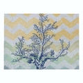 Marine life placemat featuring blue coral on yellow and green zigzag linen texture - 32x21cm / Deep Blue Coral and Wave Pattern (CD015-19)