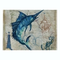 Linen placemat with nautical blue marlin print, vintage lighthouse and compass design - 32x21cm / Vintage Nautical Chart Marlin (CD015-23)