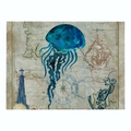 Linen placemat featuring vintage nautical map pattern and turquoise jellyfish print - 32x21cm / Vintage Map and Jellyfish (CD015-26)